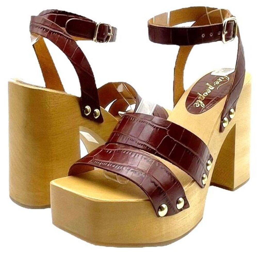 NWT Free People Mallory Brown Leather Clog Platform Ankle Wrap Sandal Size 8 NEW - Picture 10 of 16